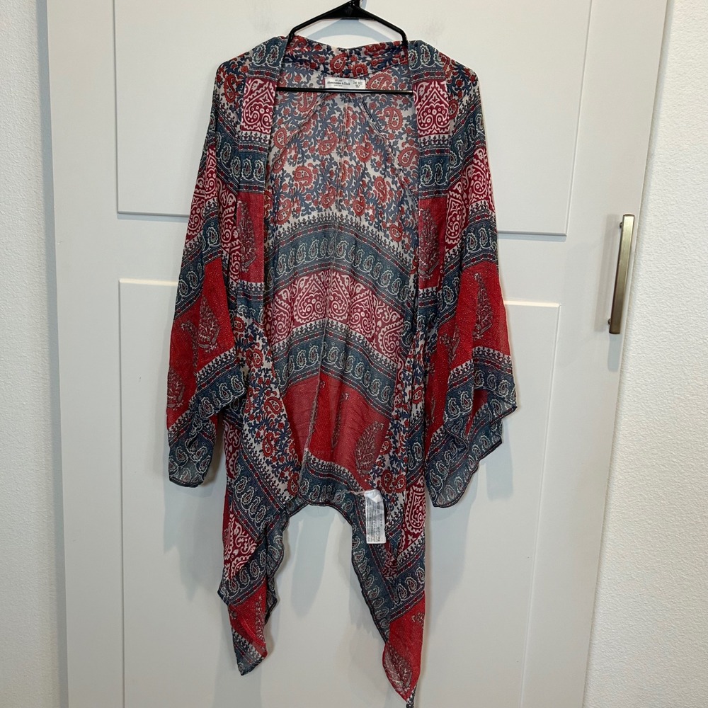 Abercrombie Fitch Kimono‎ One Size Red Blue Paisley Boho Lightweight Duster